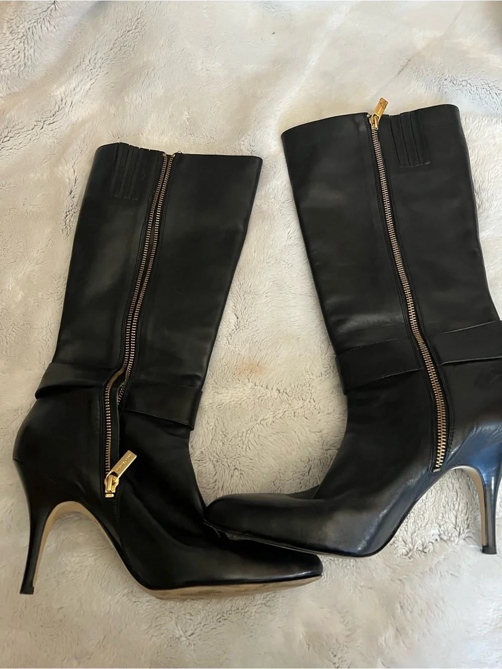 Michael Kors Black Leather Knee-High Stiletto Boots with Gold Logo